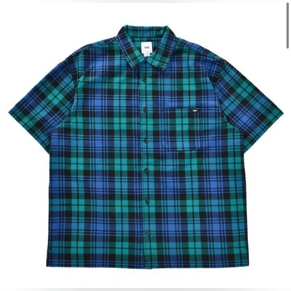 Vans 💯% cotton Anaheim Woven loose Fit Button Up Black/ Blue Size M, Size L - Picture 1 of 10